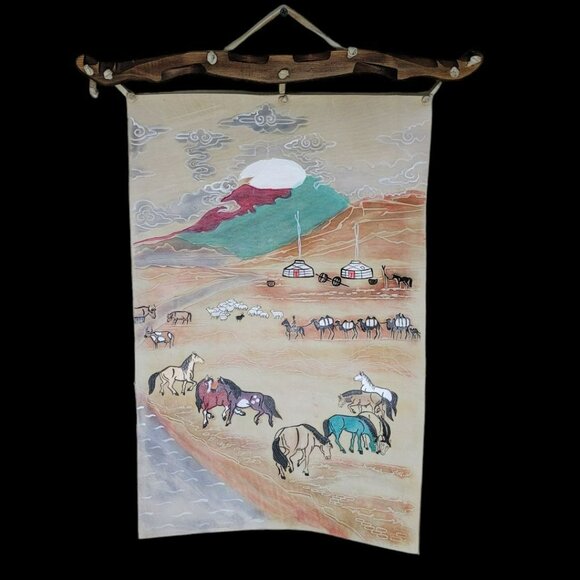 Hand Painted Leather Wall Art Horses Mongolian Landscape Wood Western Carved